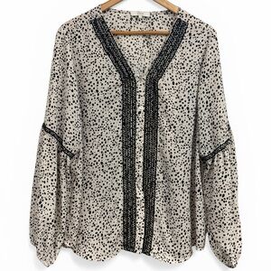 Vince Cream Blouse with polka dots Print and Lace Trim Size Large